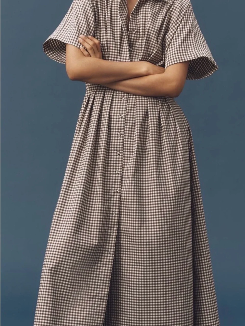 Anthropologie: Button-Front Gingham Midi Dress in Brown and White - Picture 1 of 5